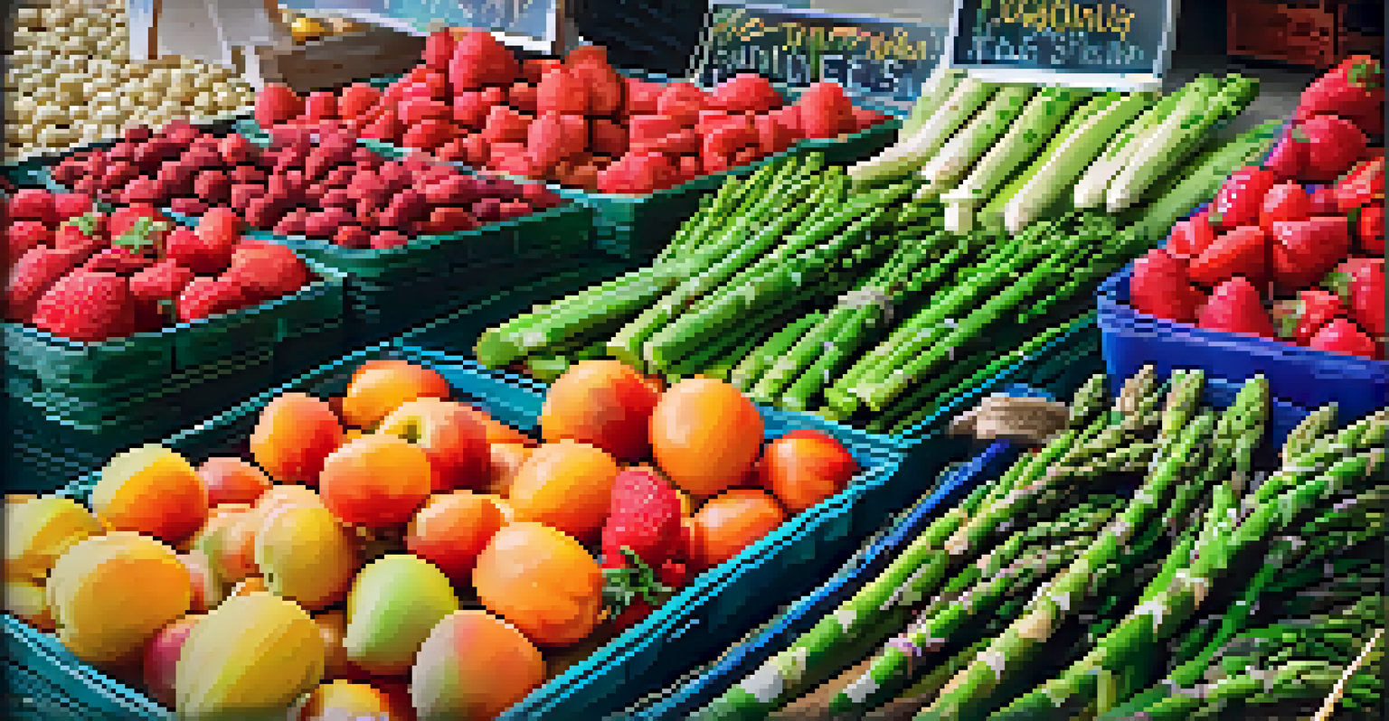 A close-up view of a vendor's stall at the farmers market showcasing fresh fruits and vegetables.