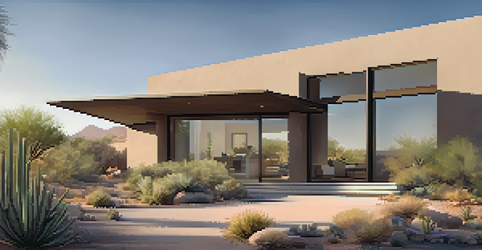 A Desert Modern home with a flat roof and large windows, surrounded by native plants and a minimalist patio in the sunny desert.