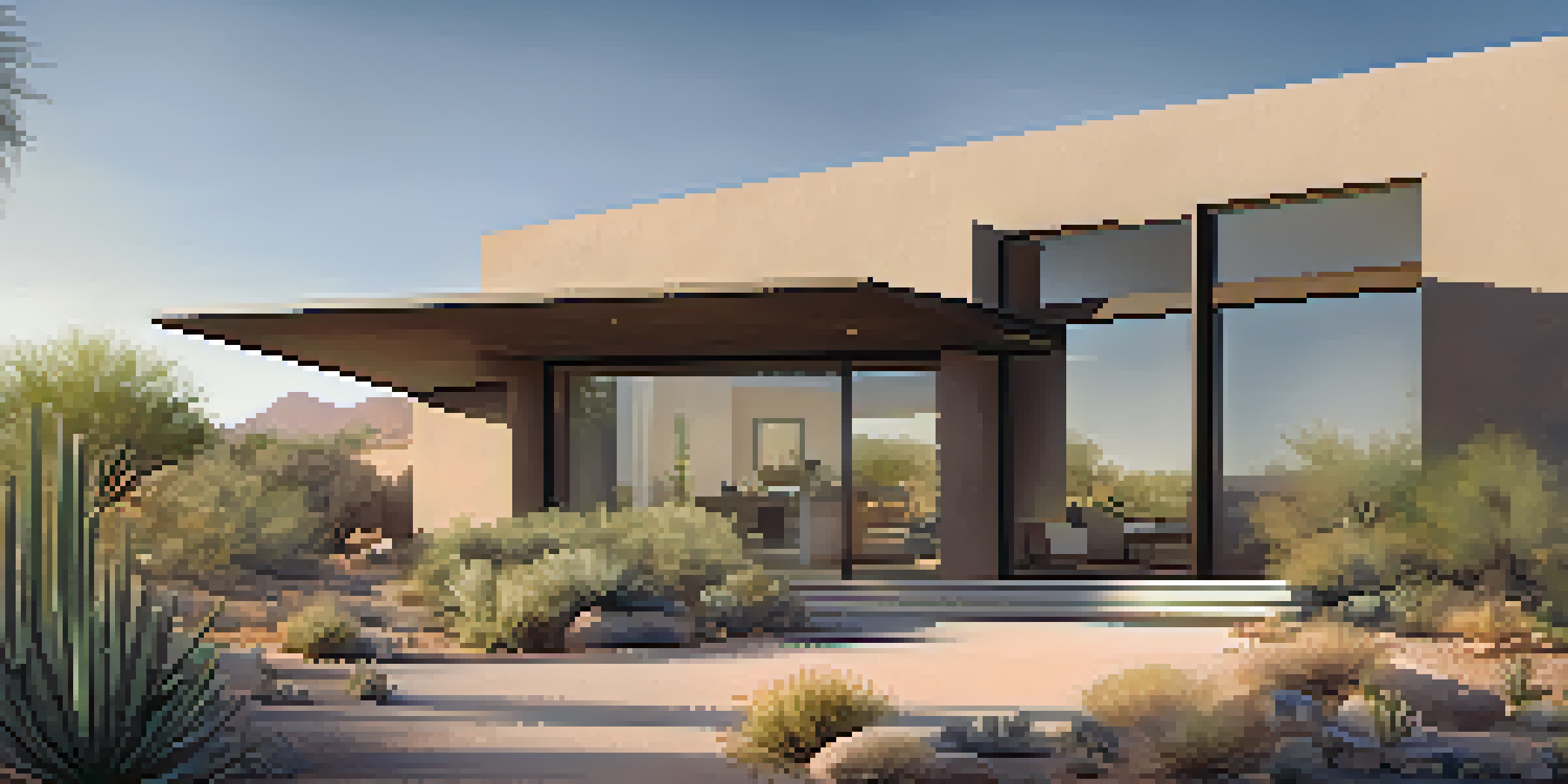 A Desert Modern home with a flat roof and large windows, surrounded by native plants and a minimalist patio in the sunny desert.