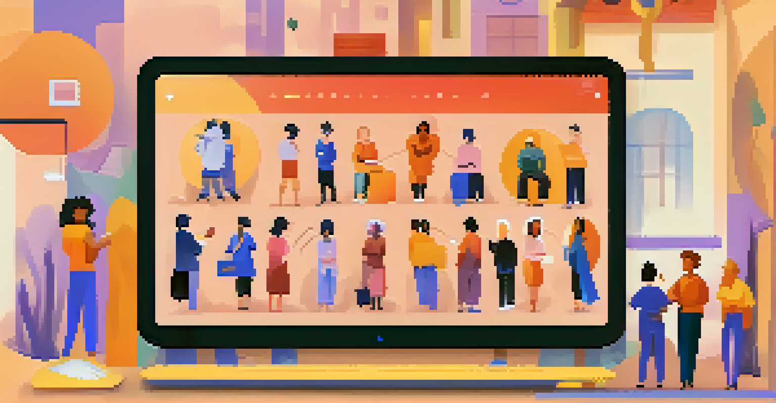 A computer screen displaying a digital town square with residents engaged in online discussions, set against a modern interface with warm colors.