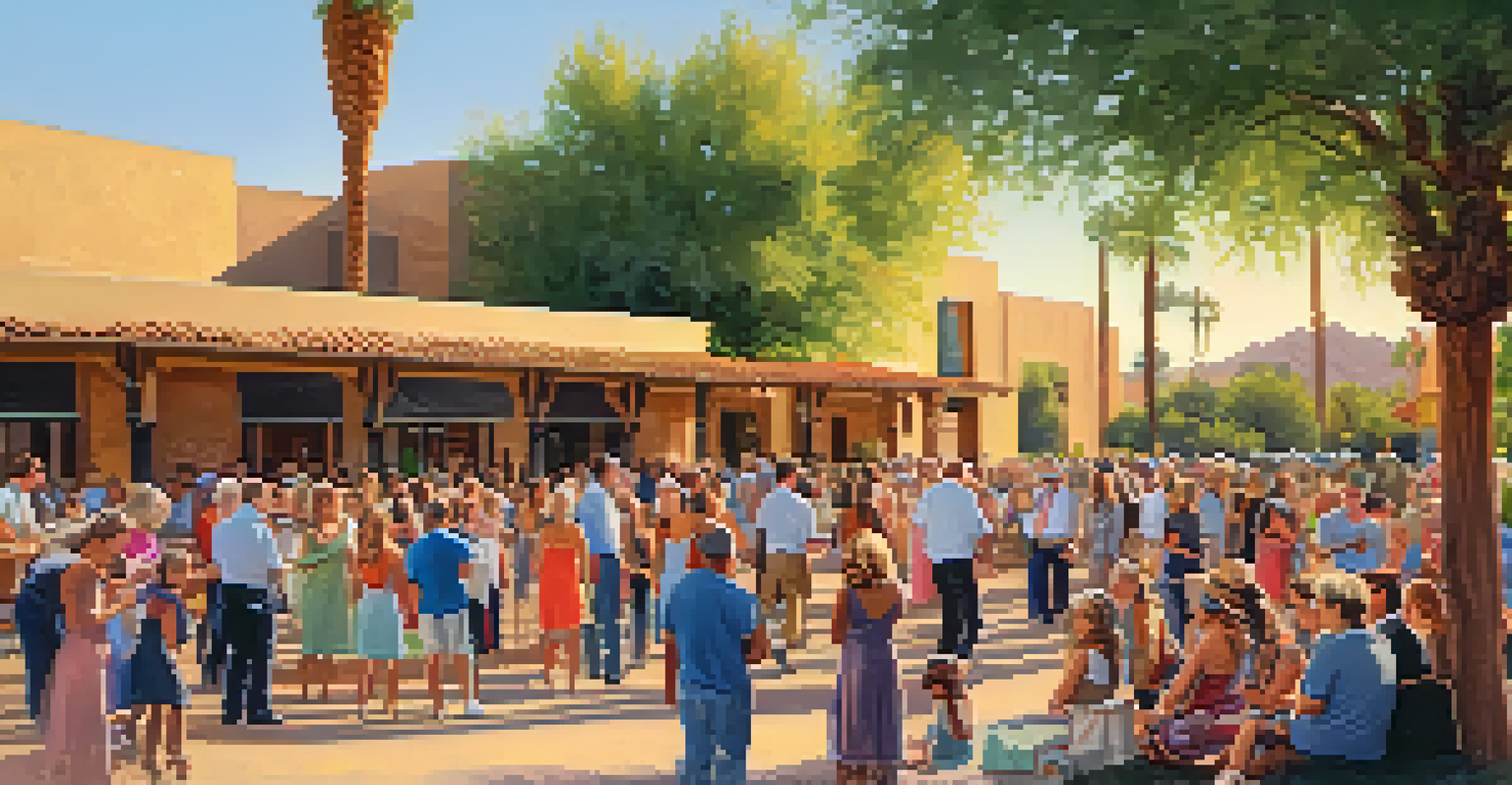 A community event at the Scottsdale Civic Center with people enjoying historical exhibits and cultural performances amidst lush greenery.