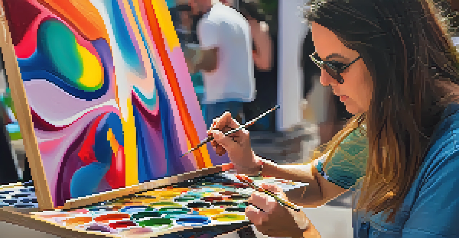 A local artist creating an abstract painting at the Scottsdale Art Walk, with attendees observing and taking photos.