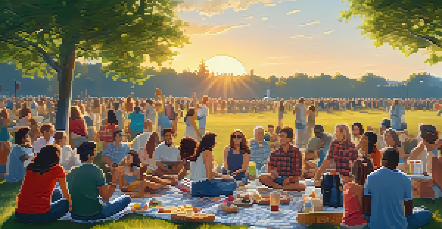 Friends enjoying a picnic at a summer concert, with snacks on a blanket and people dancing in the background.