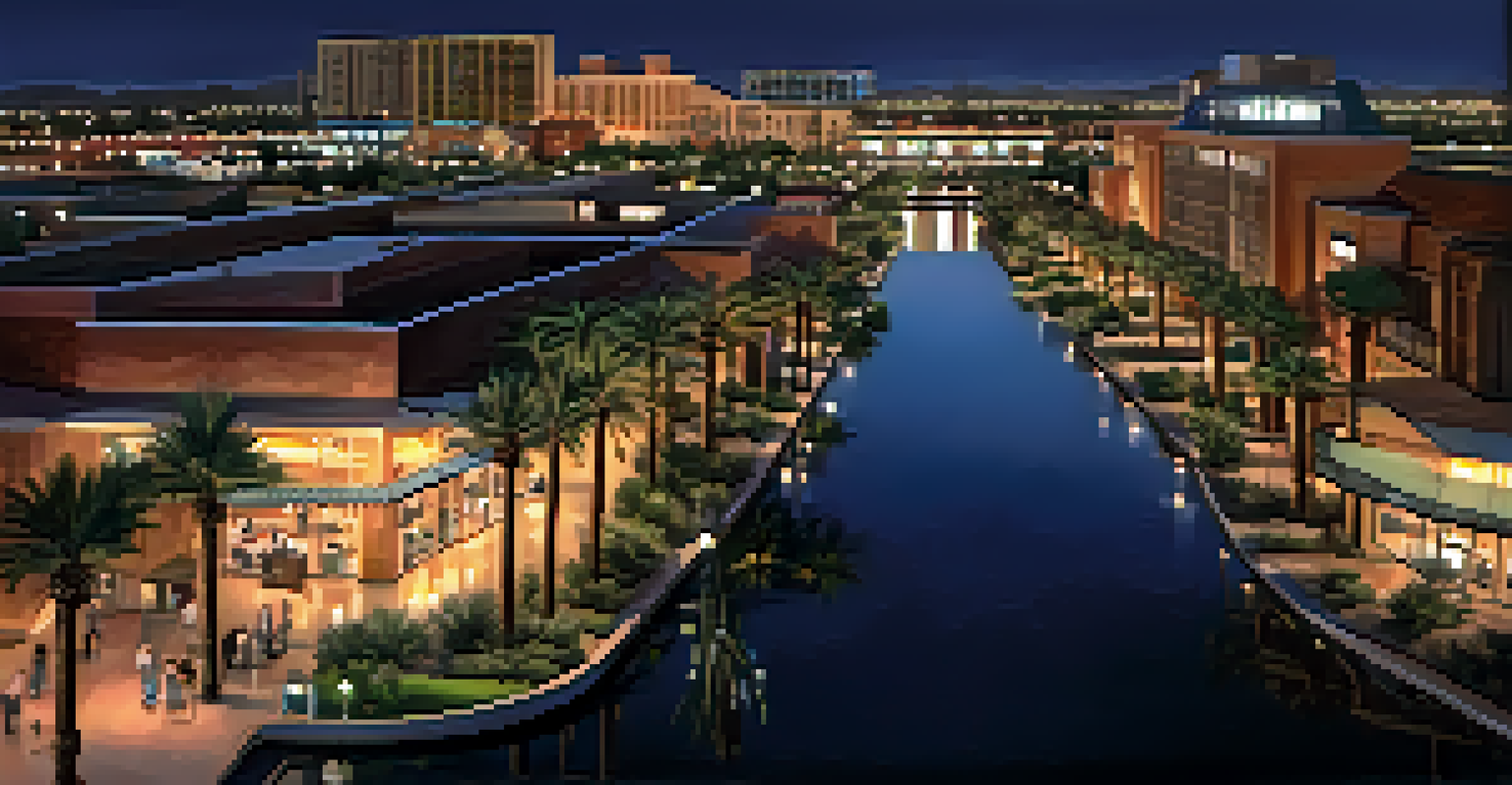 A stunning view of the Scottsdale Waterfront at dusk, showcasing the canal, palm trees, and city lights reflecting on the water.