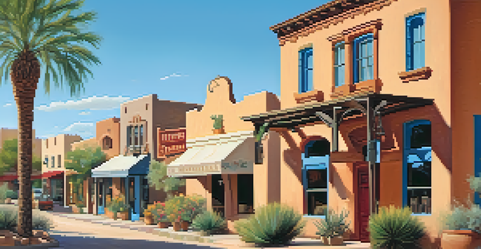 A scenic view of Scottsdale's historic downtown with adobe buildings and desert plants.