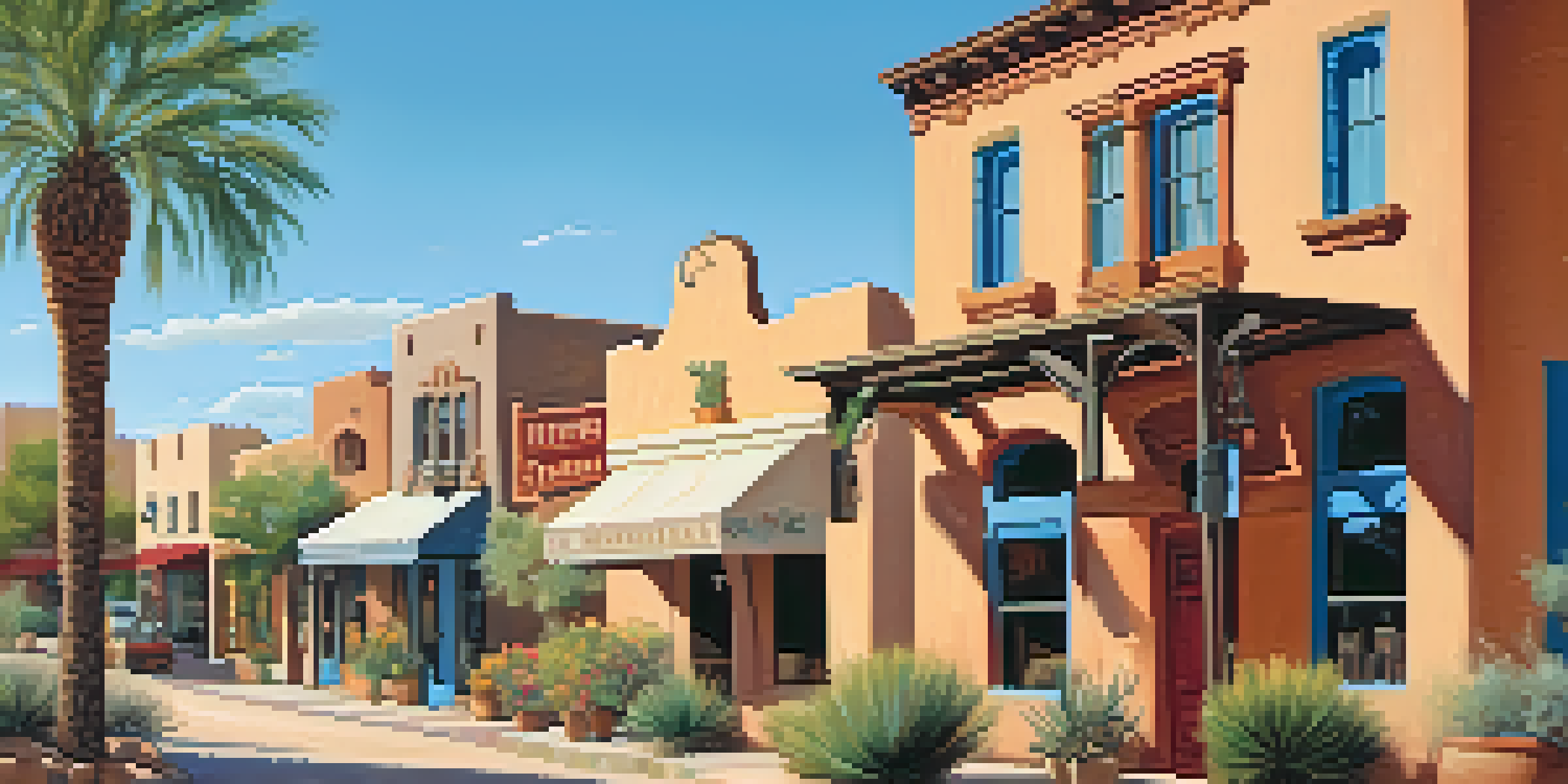 A scenic view of Scottsdale's historic downtown with adobe buildings and desert plants.