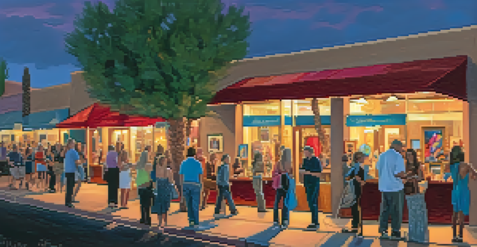 An evening scene of the Scottsdale Art Walk with artists showing their artworks and visitors enjoying the atmosphere under warm streetlight.