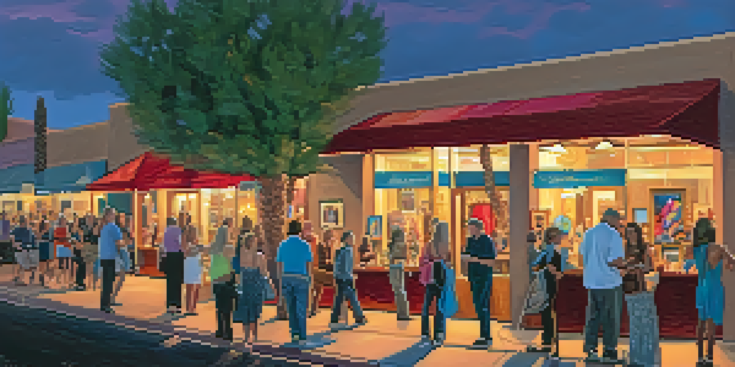 An evening scene of the Scottsdale Art Walk with artists showing their artworks and visitors enjoying the atmosphere under warm streetlight.