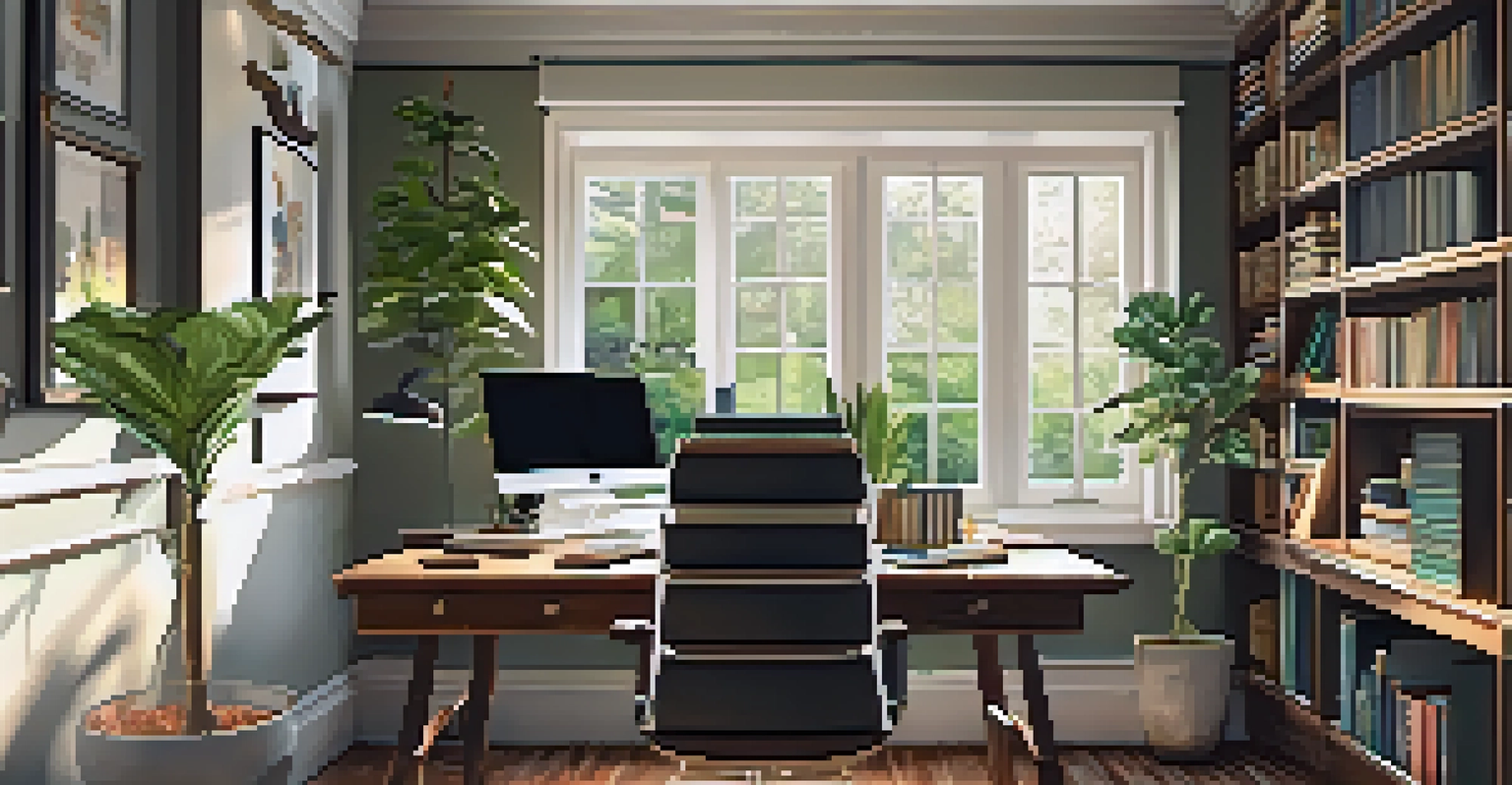 A cozy home office with a wooden desk, bookshelves, and natural lighting.