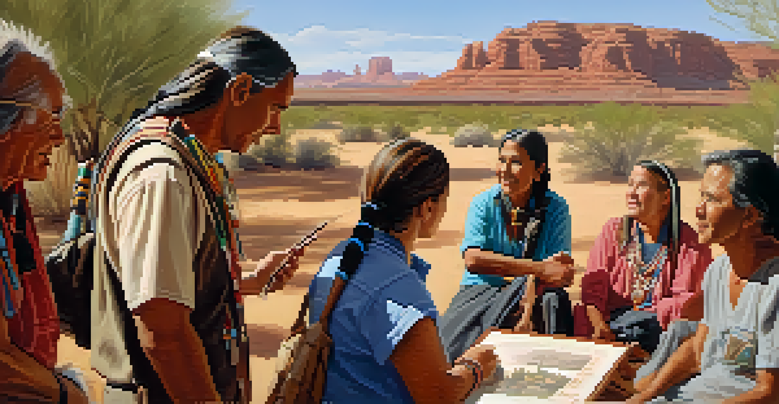 A local guide sharing stories about Native American heritage with tourists, surrounded by traditional crafts and art in a well-lit setting.