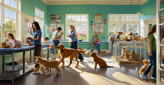 A family joyfully volunteering at an animal shelter, interacting with puppies and kittens in a bright and inviting environment.