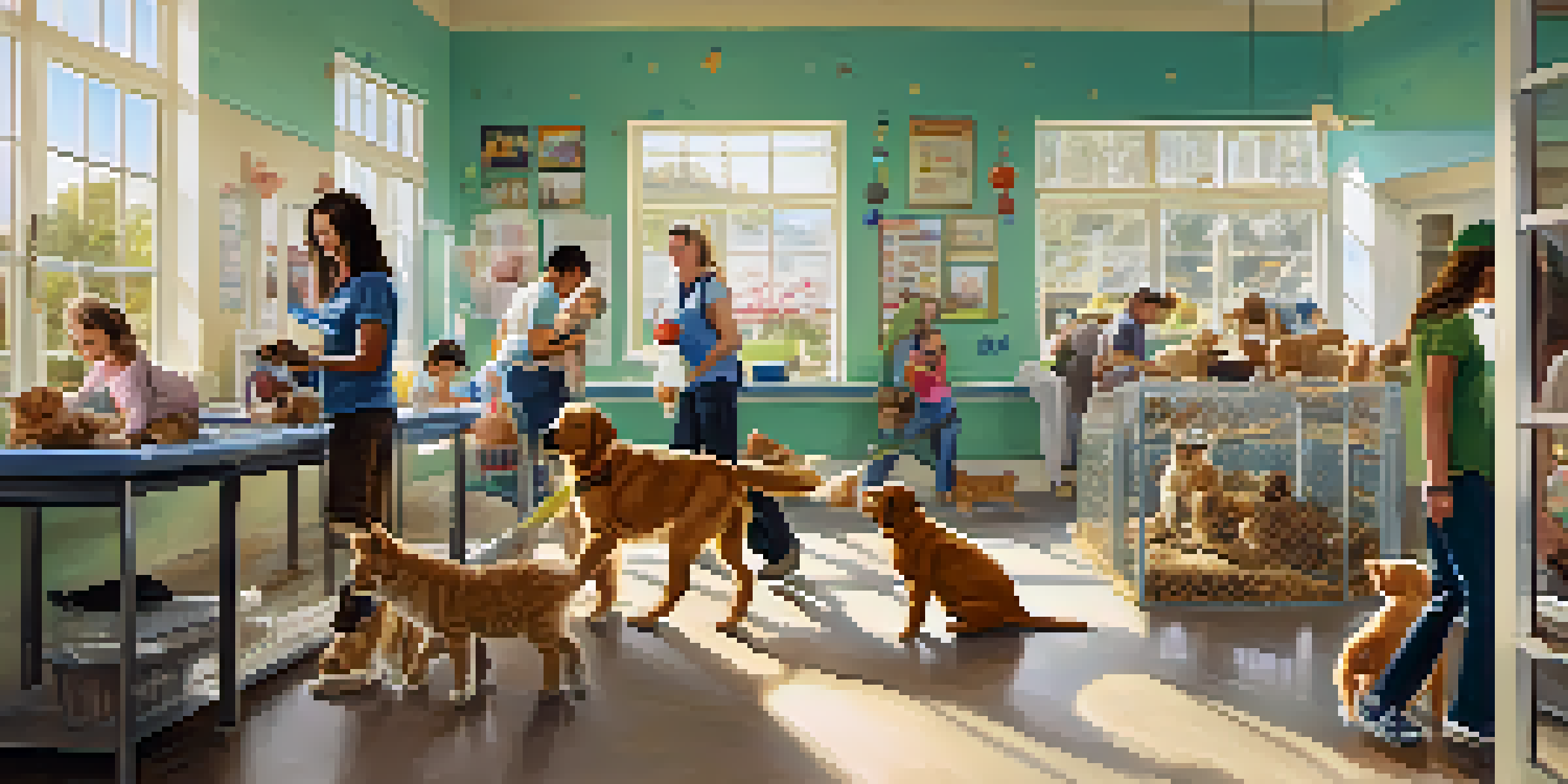 A family joyfully volunteering at an animal shelter, interacting with puppies and kittens in a bright and inviting environment.