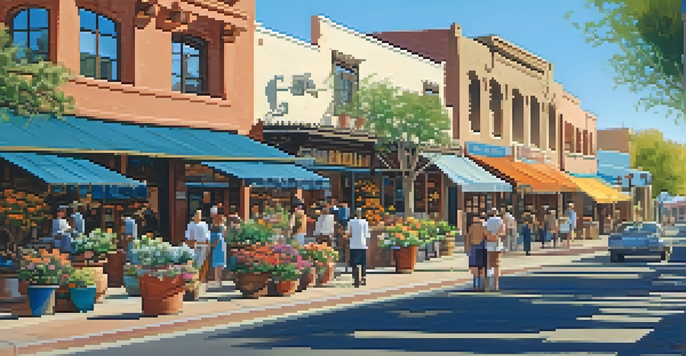 A vibrant street scene in Old Town Scottsdale featuring historical adobe buildings, shops, and colorful flower pots under a clear blue sky.