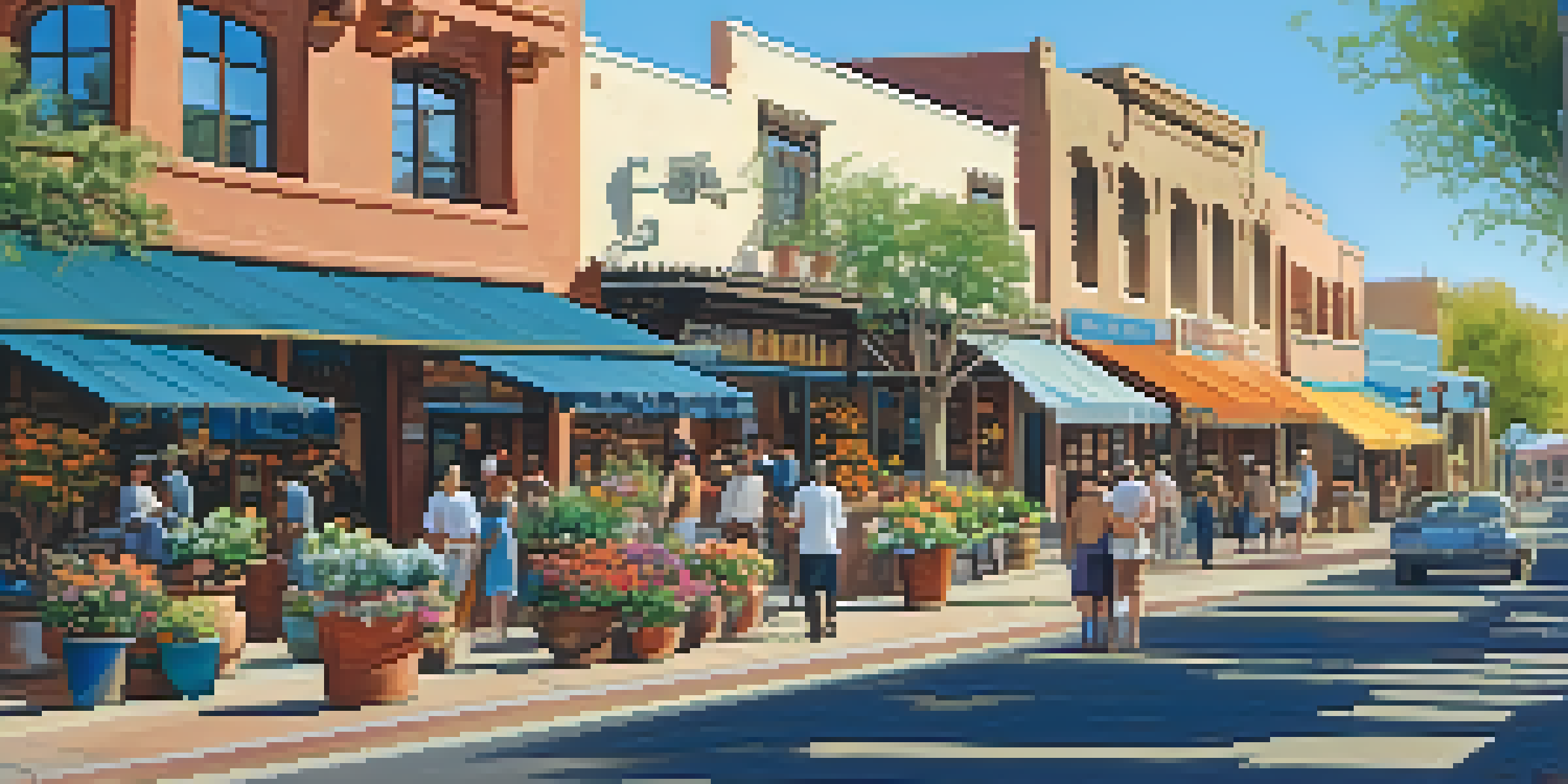 A vibrant street scene in Old Town Scottsdale featuring historical adobe buildings, shops, and colorful flower pots under a clear blue sky.