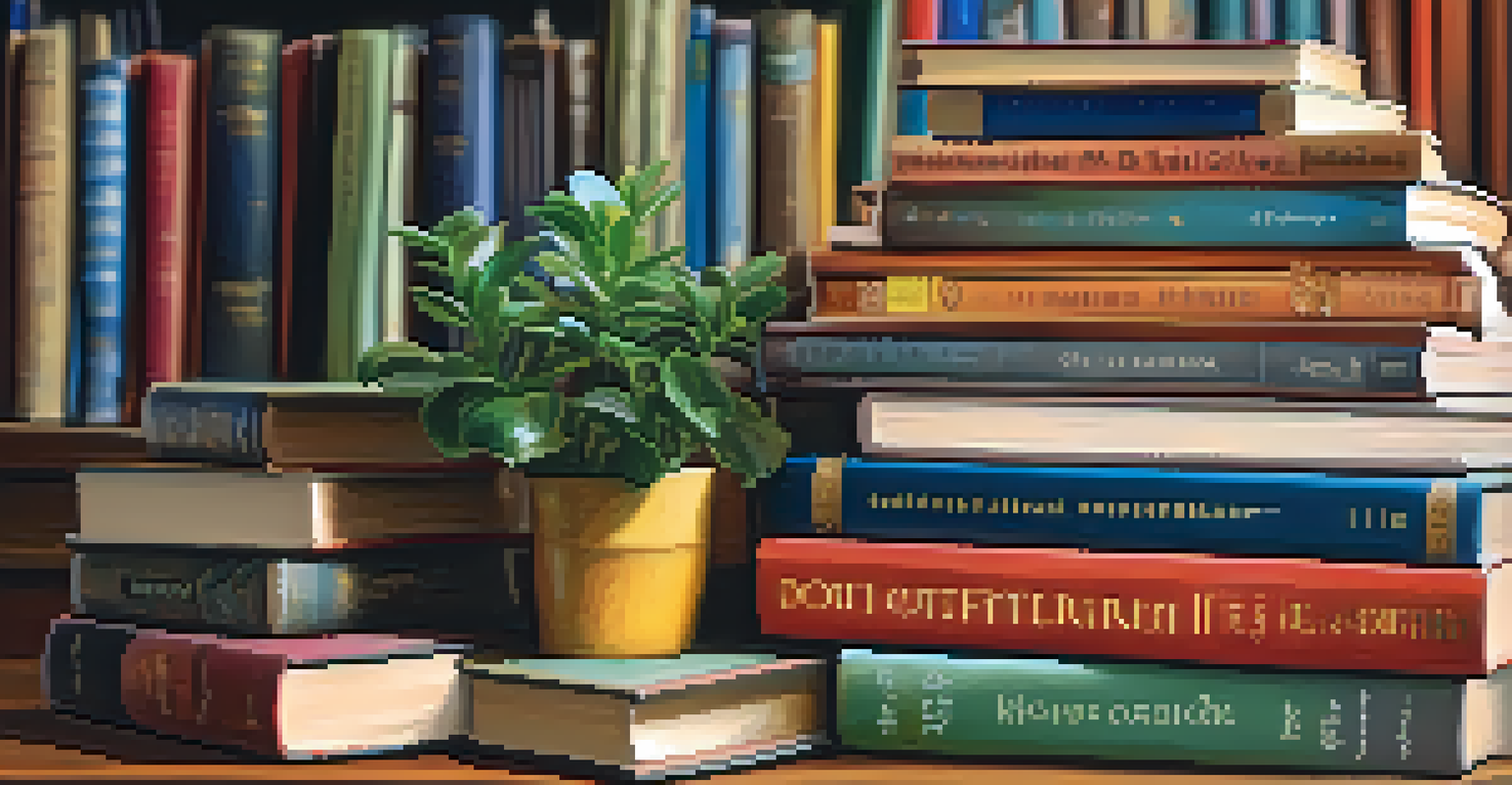 A library table showcasing local literature with colorful book covers and a notebook, illuminated by soft lighting.
