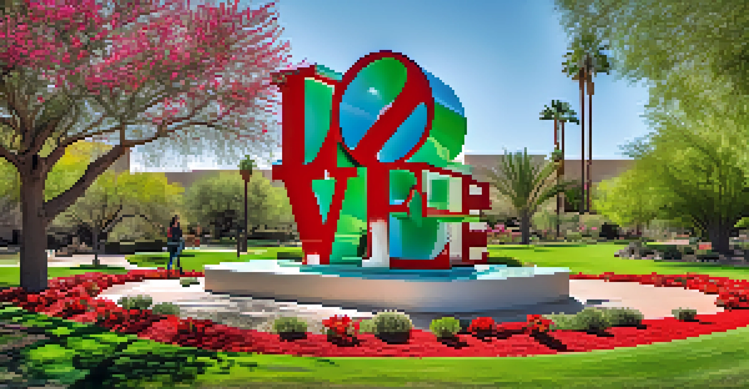 A close-up of the 'Love' sculpture surrounded by colorful gardens at the Scottsdale Civic Center.