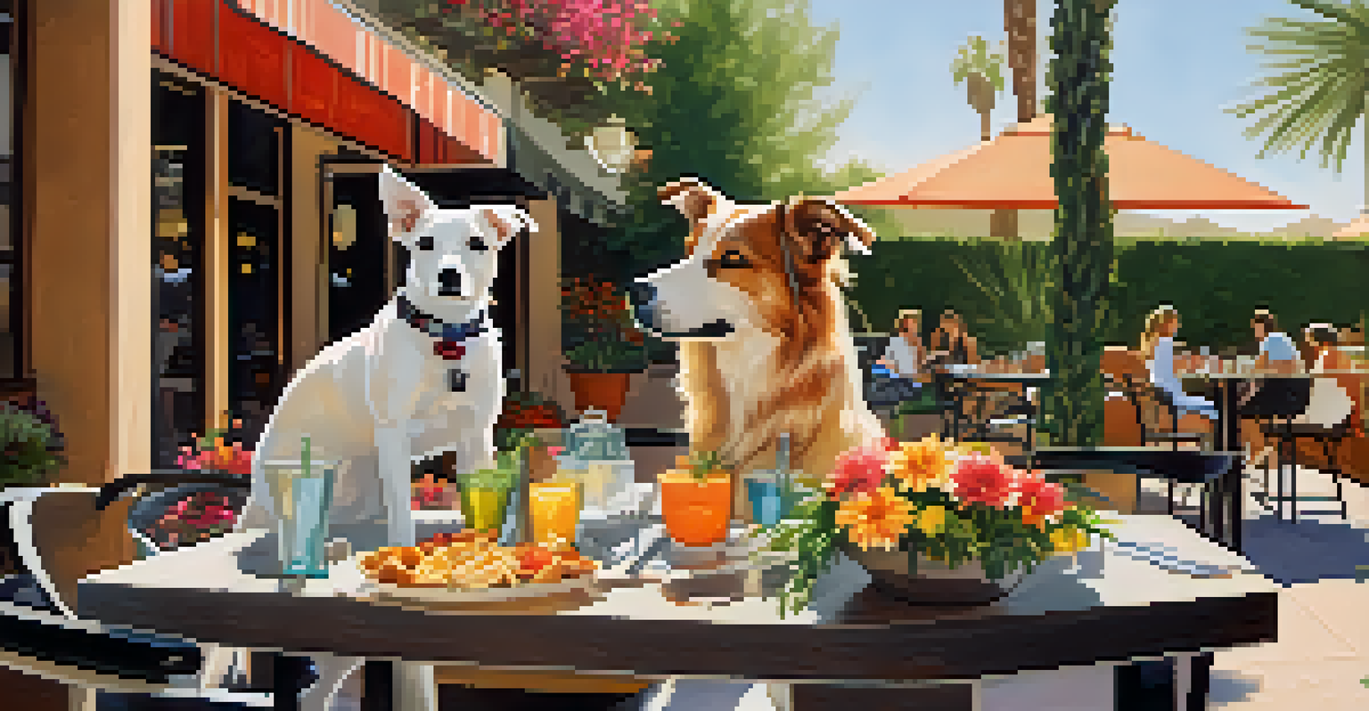 A couple dining outdoors with their dog at a pet-friendly restaurant, enjoying a sunny day.