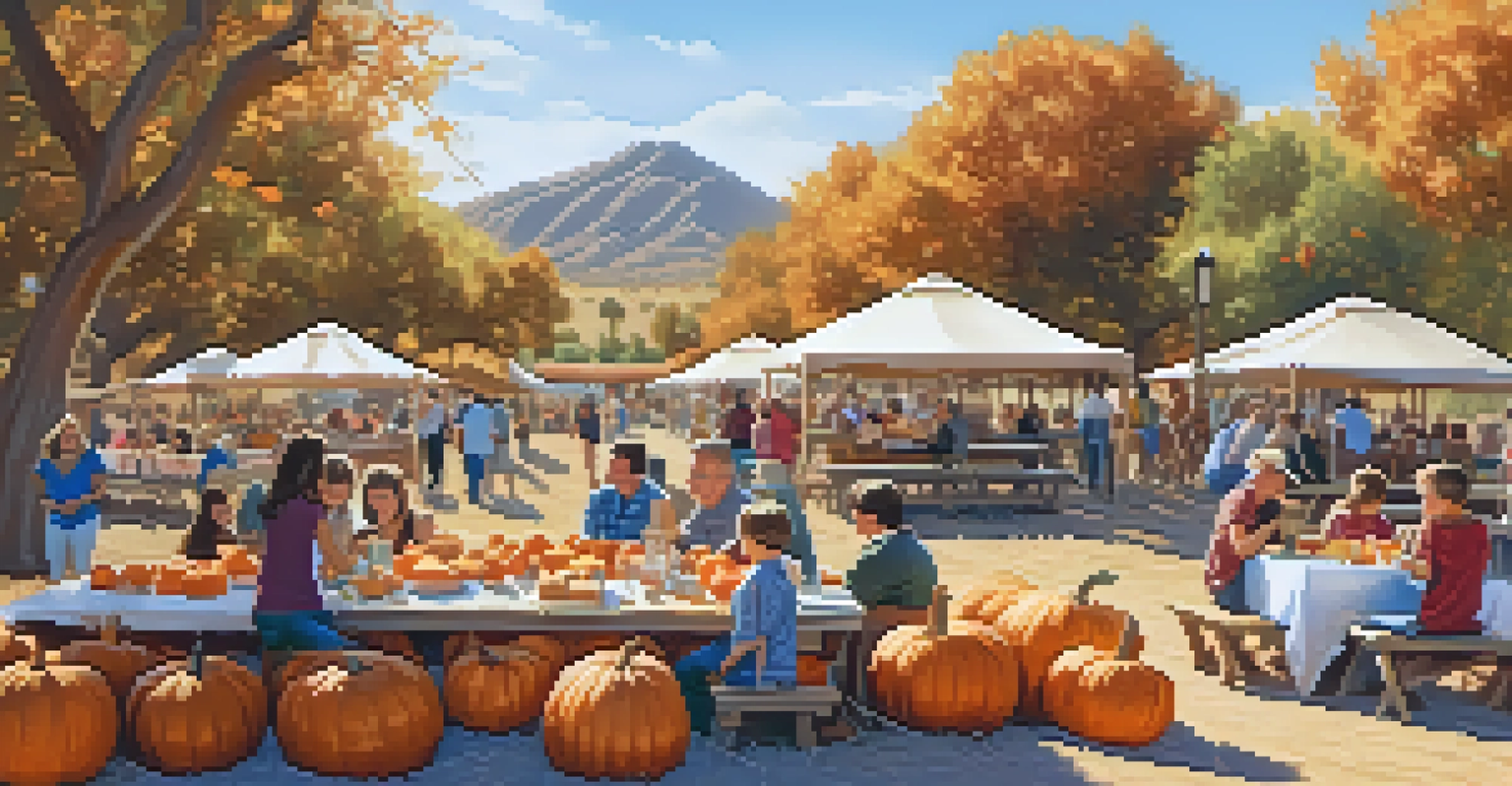 A picnic table filled with fall treats at a pumpkin patch, with families enjoying food and laughter in a festive atmosphere.