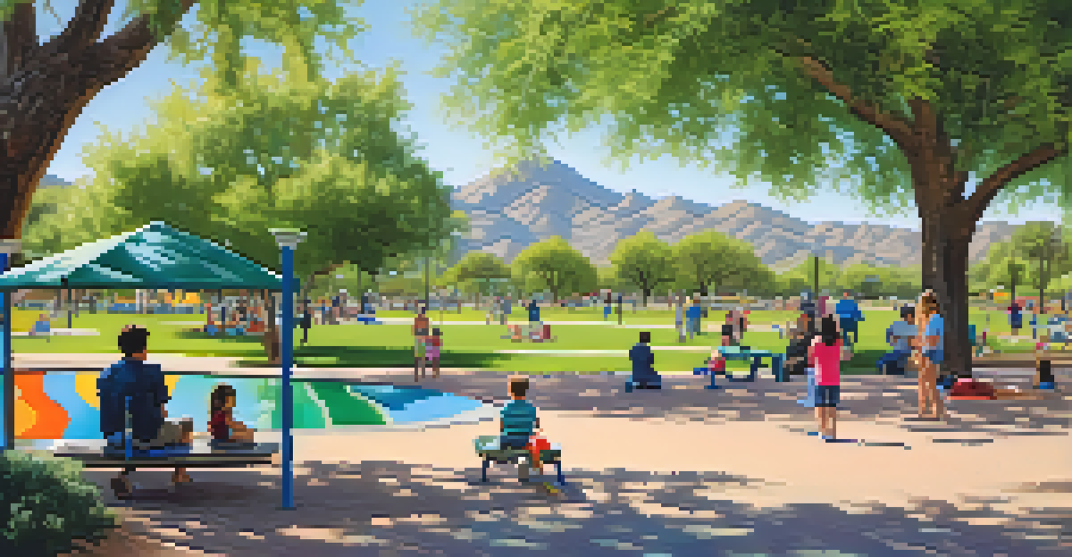 Families enjoying a sunny day at Chaparral Park, with children playing and parents having a picnic under a tree.
