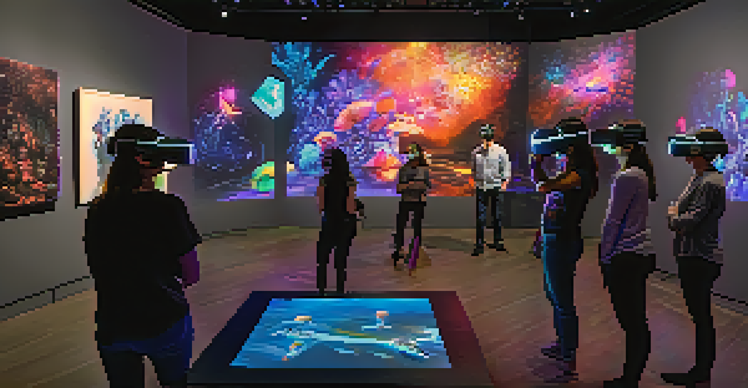 Visitors at a virtual reality art exhibit in Scottsdale, wearing VR headsets and exploring glowing 3D art pieces in a darkened room.