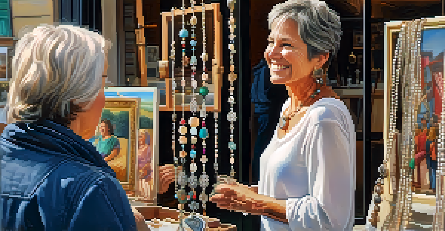 A local artist smiling and interacting with visitors, surrounded by colorful jewelry and paintings in a cozy outdoor setting.