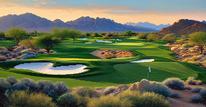 A panoramic view of Desert Mountain Golf Club at sunrise, with mountains and colorful desert plants.