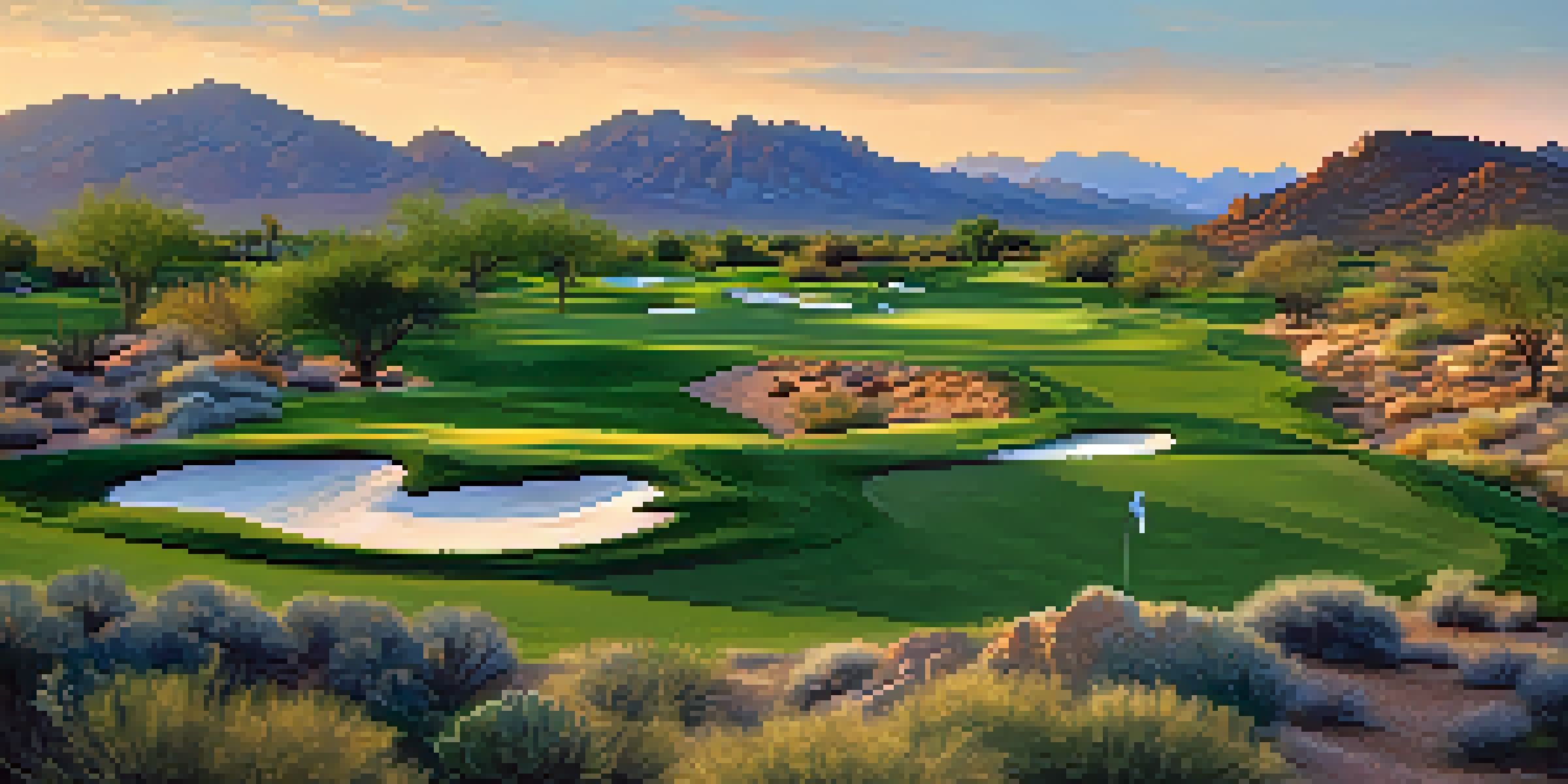 A panoramic view of Desert Mountain Golf Club at sunrise, with mountains and colorful desert plants.