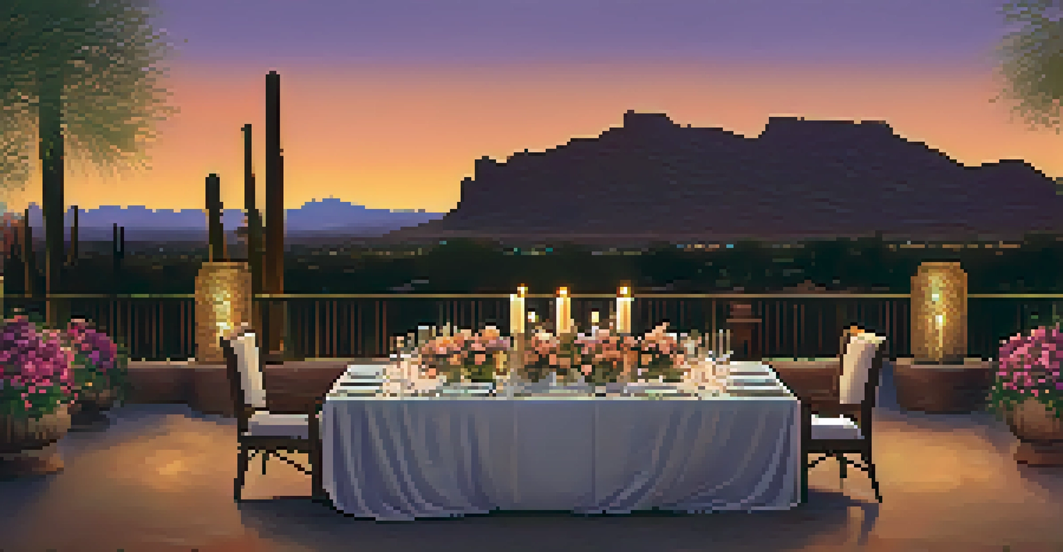 An outdoor dining setup at the Four Seasons Resort Scottsdale, featuring a couple enjoying a meal with a beautiful desert backdrop.