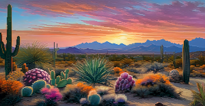A peaceful desert scene during sunset with a silhouette of a cactus and desert tortoises grazing.