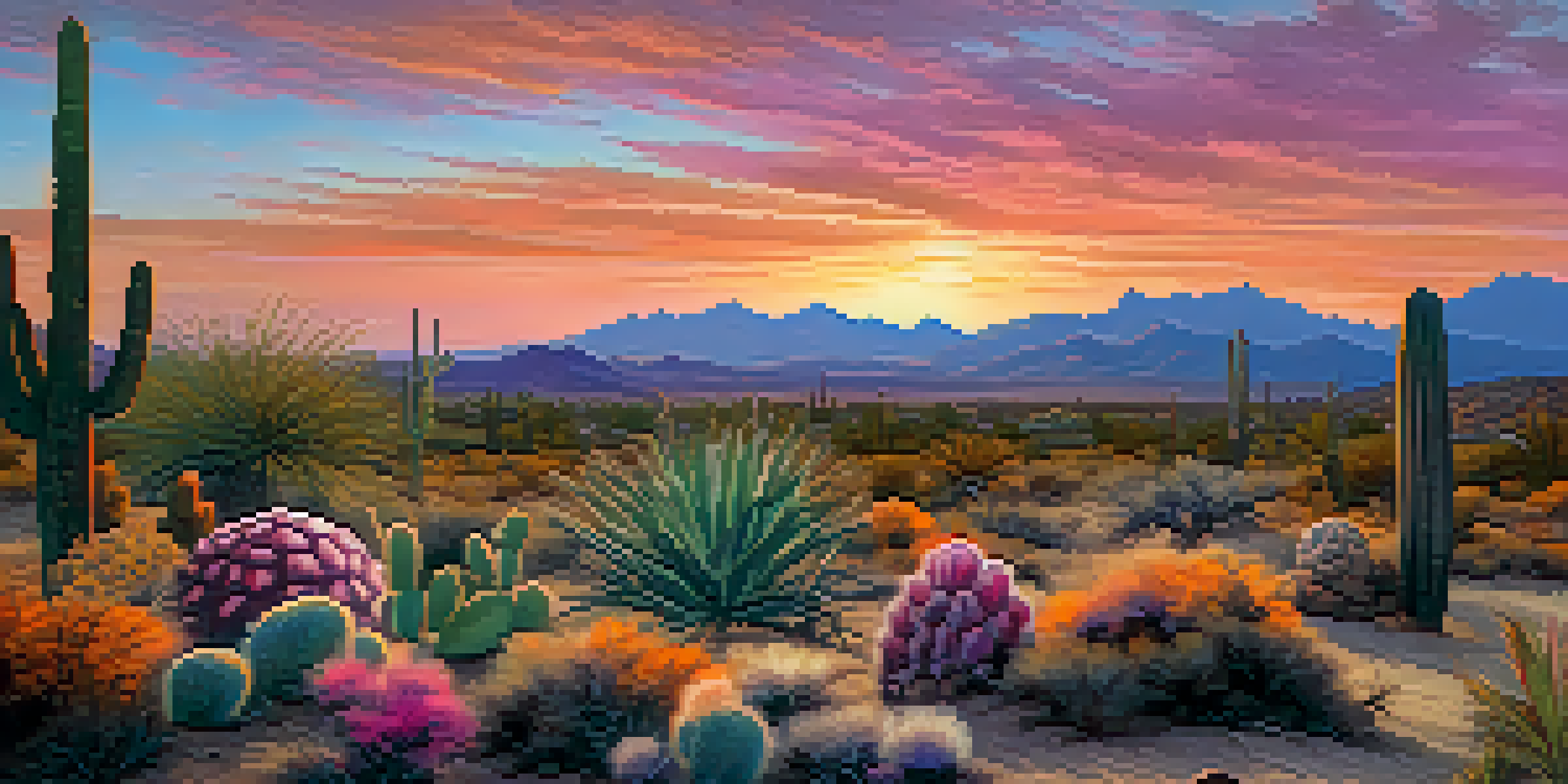 A peaceful desert scene during sunset with a silhouette of a cactus and desert tortoises grazing.