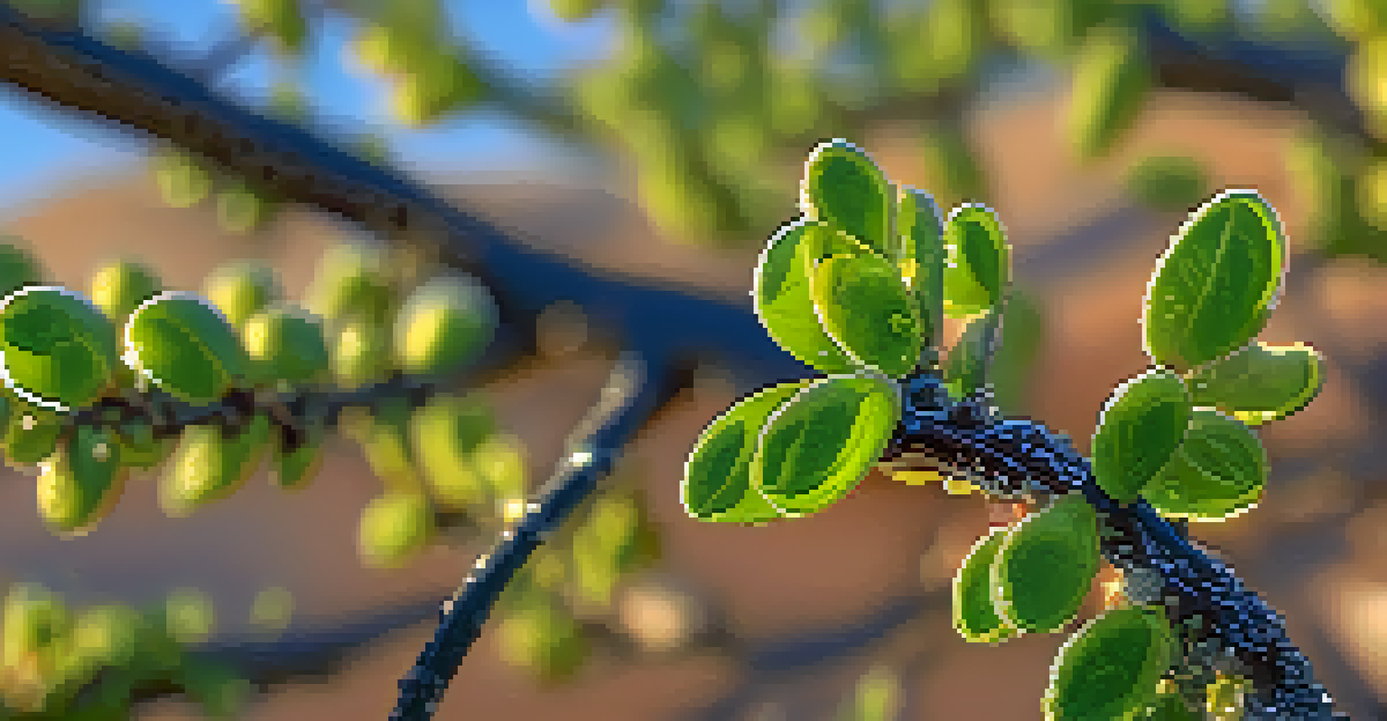 Close-up of a creosote bush with dew on its leaves, set against a blurred desert landscape.