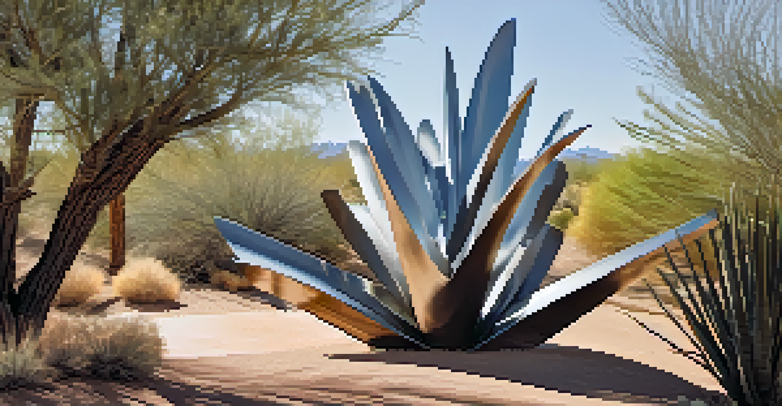 A detailed close-up of a metal sculpture at Scottsdale's Art Walk, showcasing its intricate design against a blurred desert backdrop.