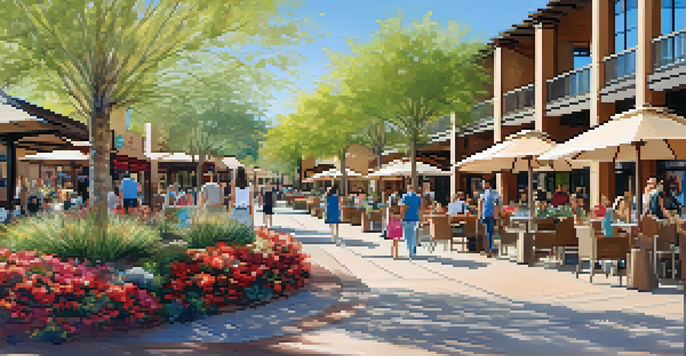 An outdoor shopping center with lush landscaping, luxury shops, and people walking under a clear blue sky.