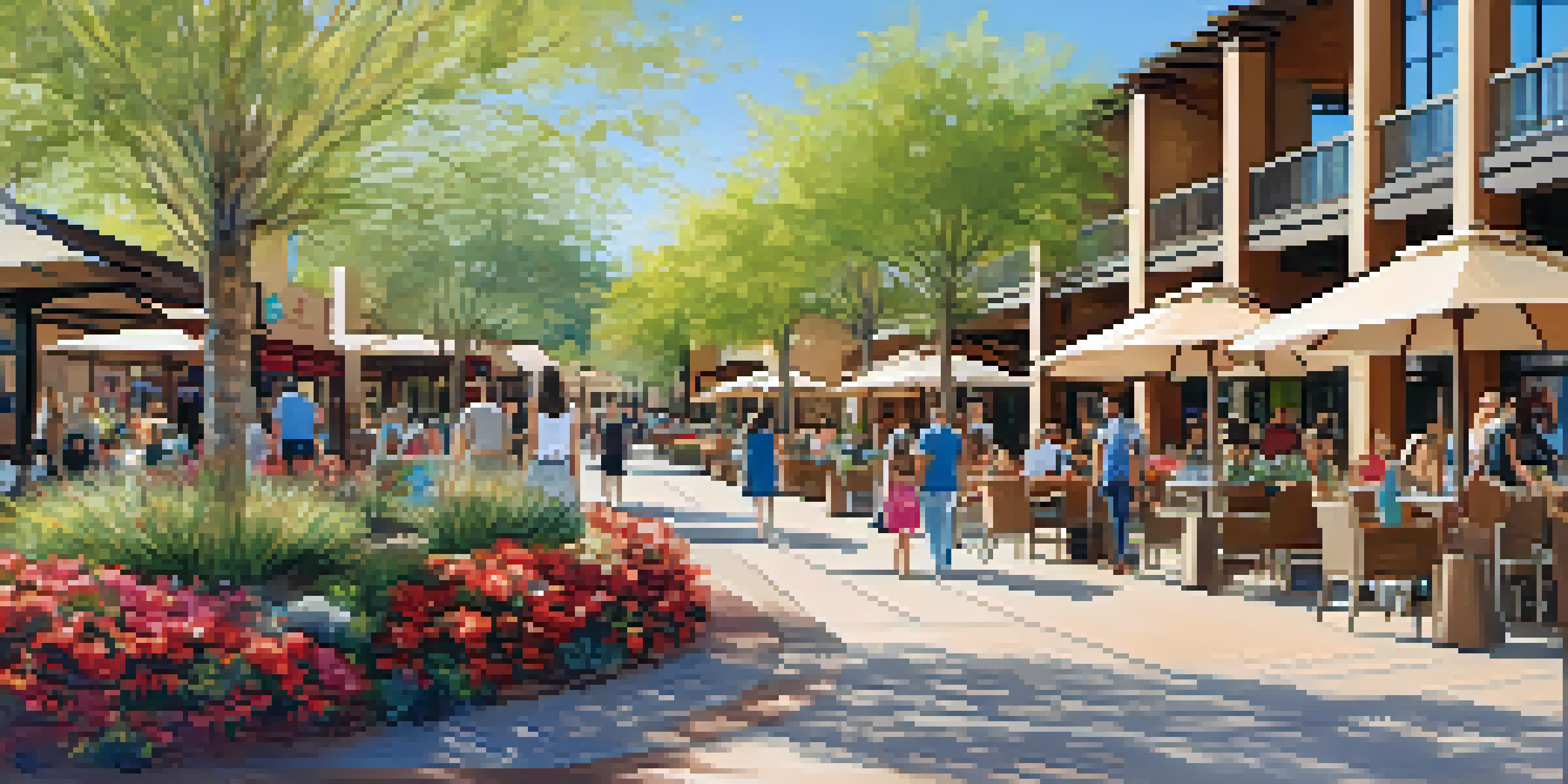 An outdoor shopping center with lush landscaping, luxury shops, and people walking under a clear blue sky.