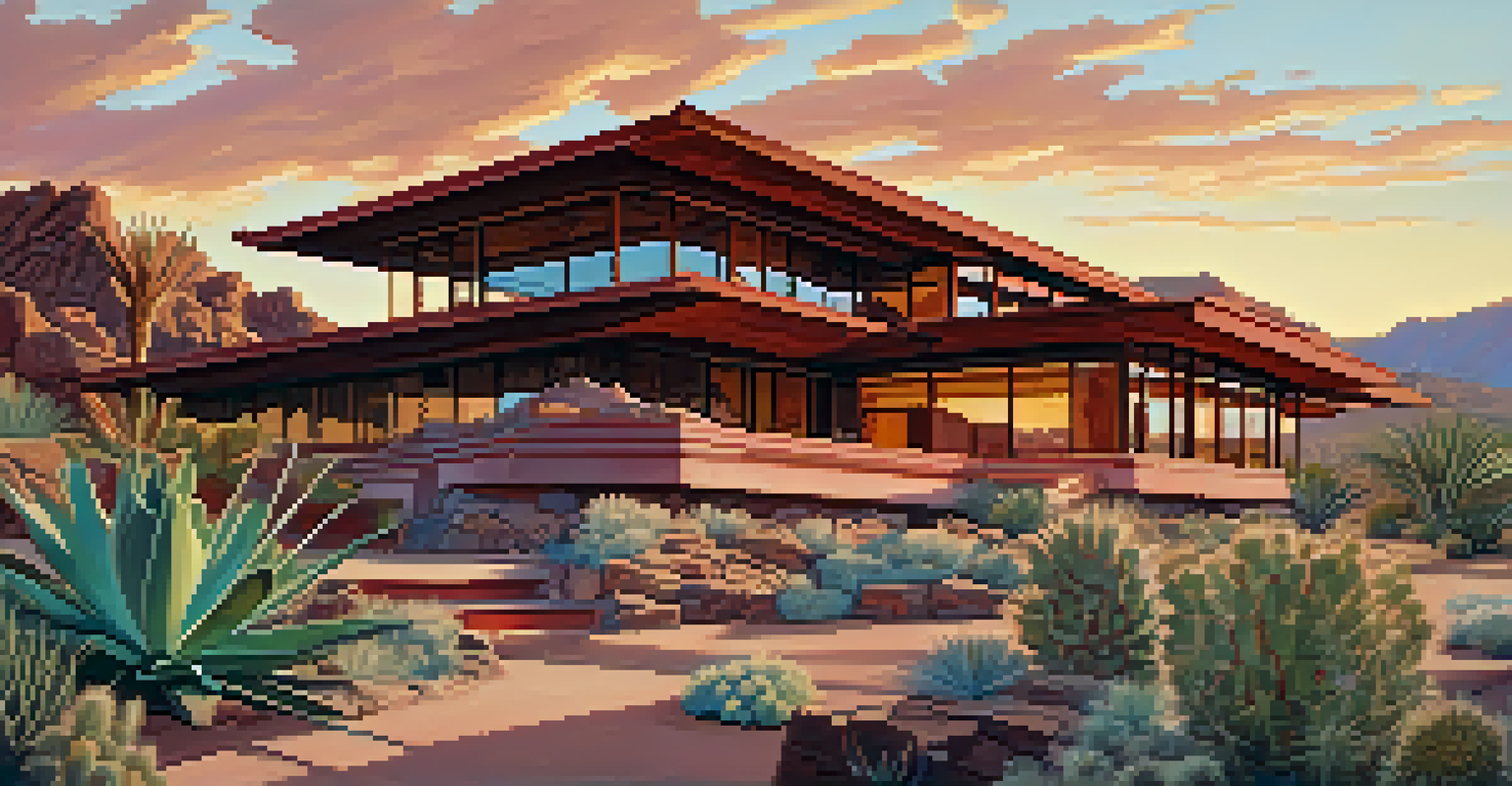 Close-up of Taliesin West, highlighting its organic architecture and natural surroundings with warm sunset lighting.