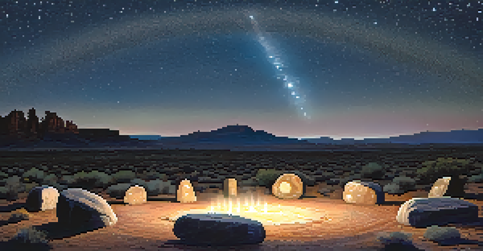 An ancient stone circle in the desert illuminated by moonlight under a starry night sky.