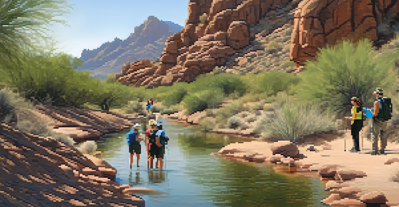 A group of hikers resting and hydrating on a picturesque trail, with one person filling a water bottle from a stream surrounded by mountains.