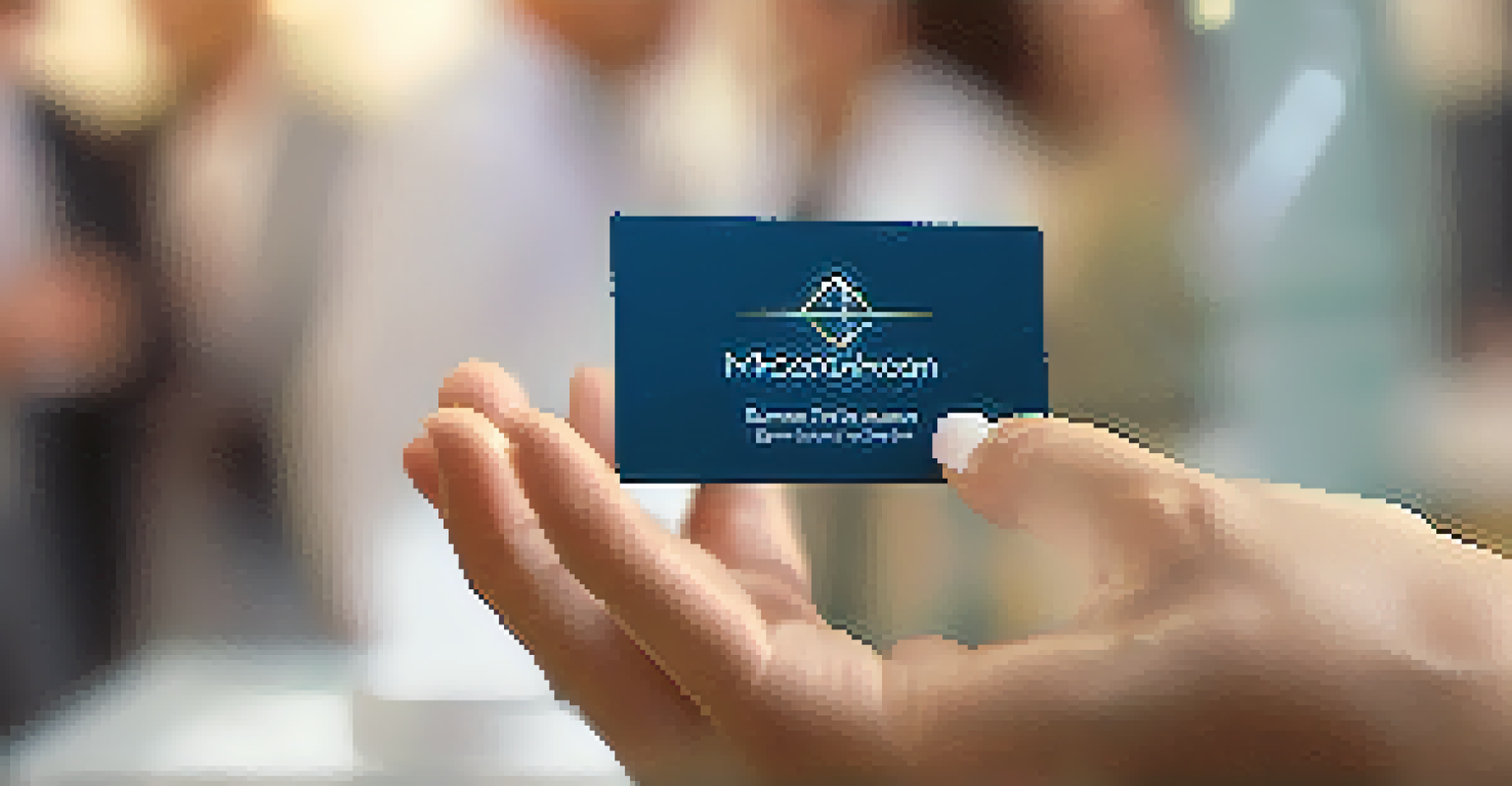 A close-up of two hands exchanging a business card at a networking event, with a blurred background of mingling professionals.