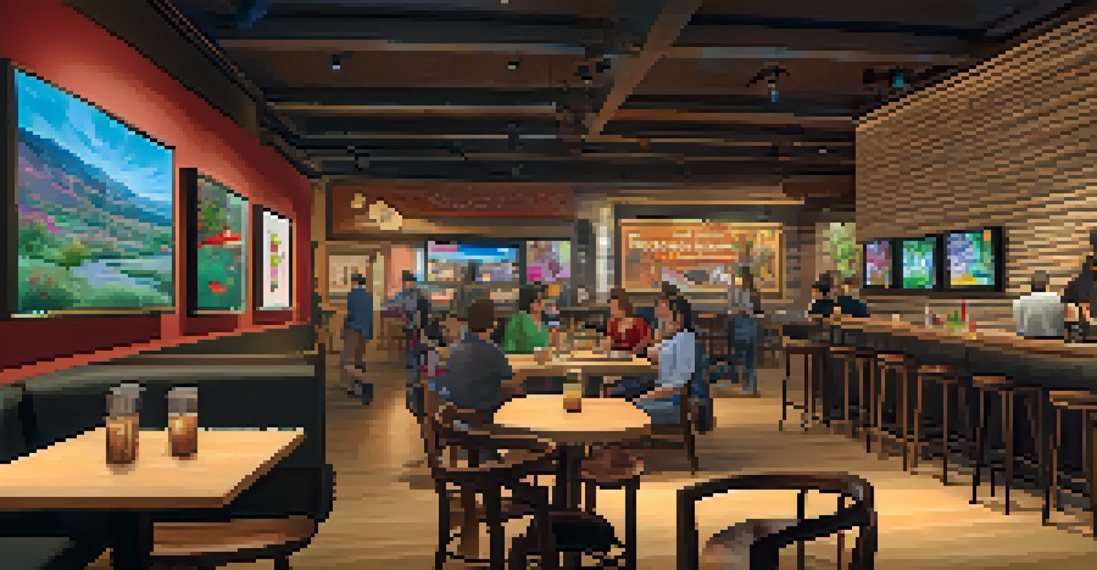 A warm café interior in Scottsdale displaying seasonal digital art on screens, with patrons engaged in conversation and enjoying beverages.