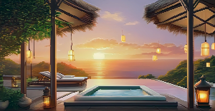 An outdoor spa area at sunset with lush greenery, glowing lanterns, and an infinity pool reflecting warm sunset colors.
