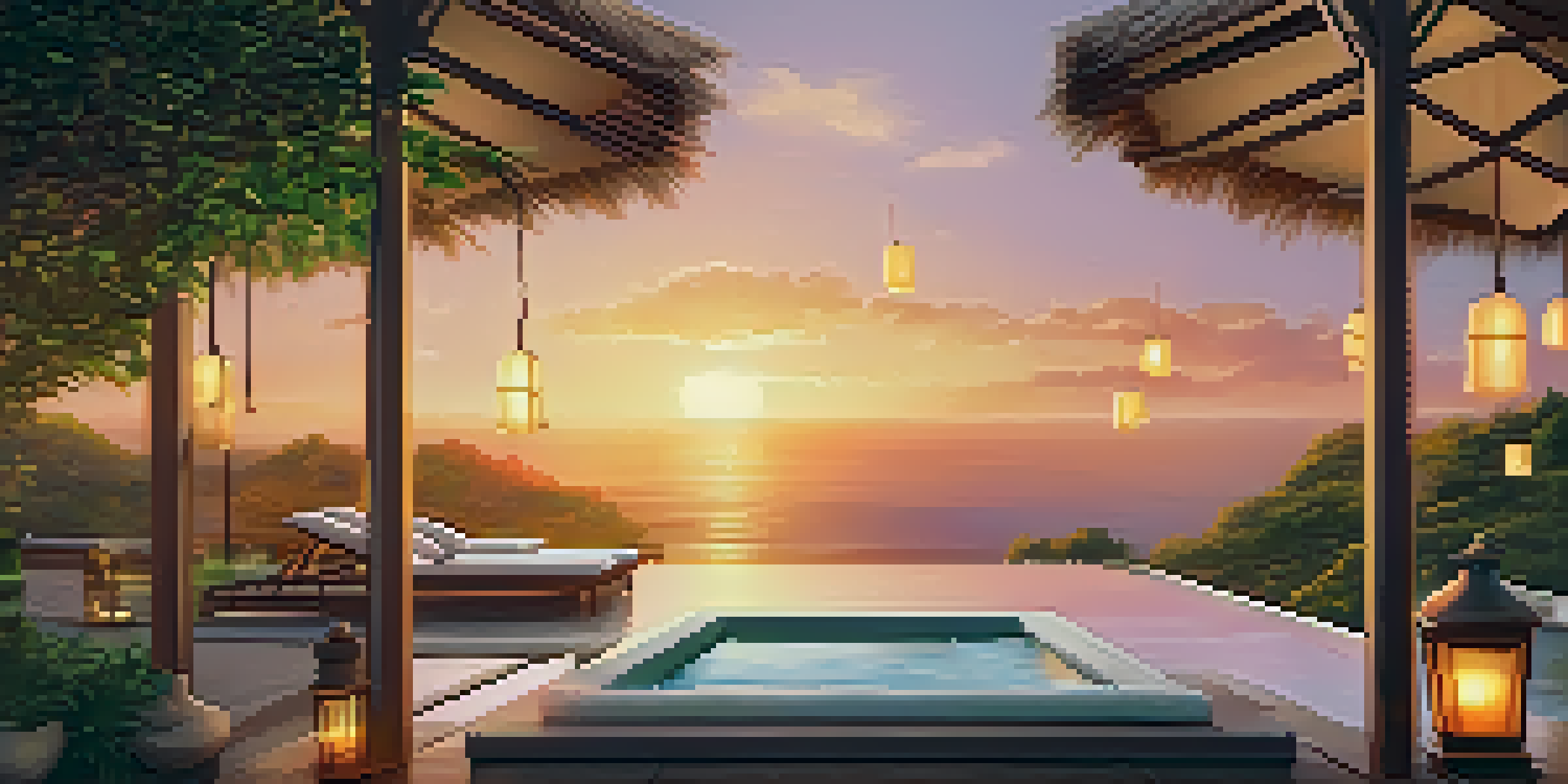 An outdoor spa area at sunset with lush greenery, glowing lanterns, and an infinity pool reflecting warm sunset colors.