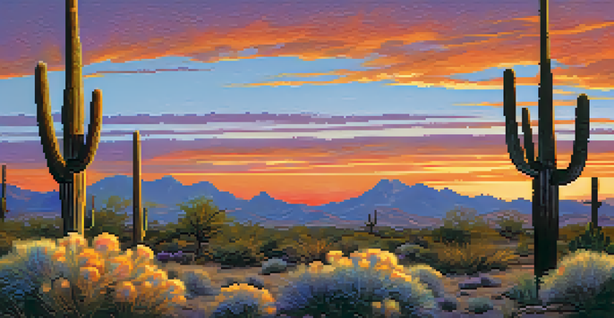 A desert landscape in Scottsdale at sunset, featuring a saguaro cactus and colorful sky.