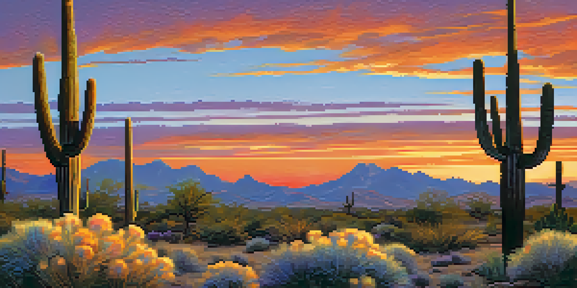 A desert landscape in Scottsdale at sunset, featuring a saguaro cactus and colorful sky.