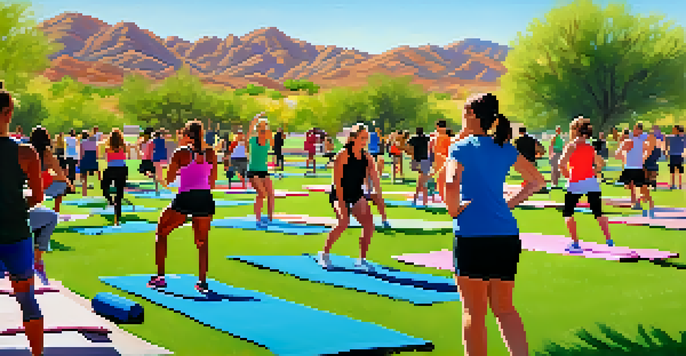 A group of diverse individuals participating in an outdoor boot camp in a sunny park, engaging in exercises with a scenic backdrop.