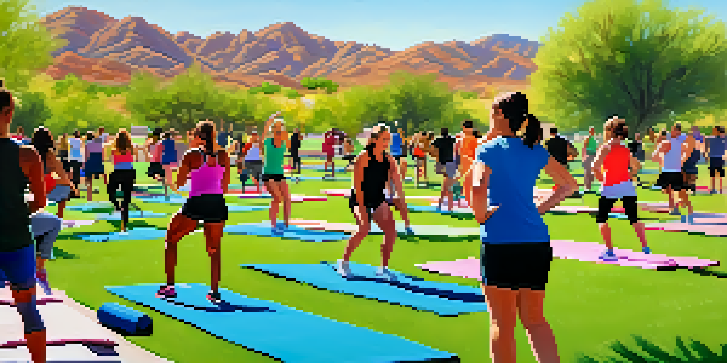 A group of diverse individuals participating in an outdoor boot camp in a sunny park, engaging in exercises with a scenic backdrop.