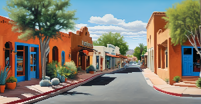 A vibrant street scene in Old Town Scottsdale with historic adobe buildings and local shops.