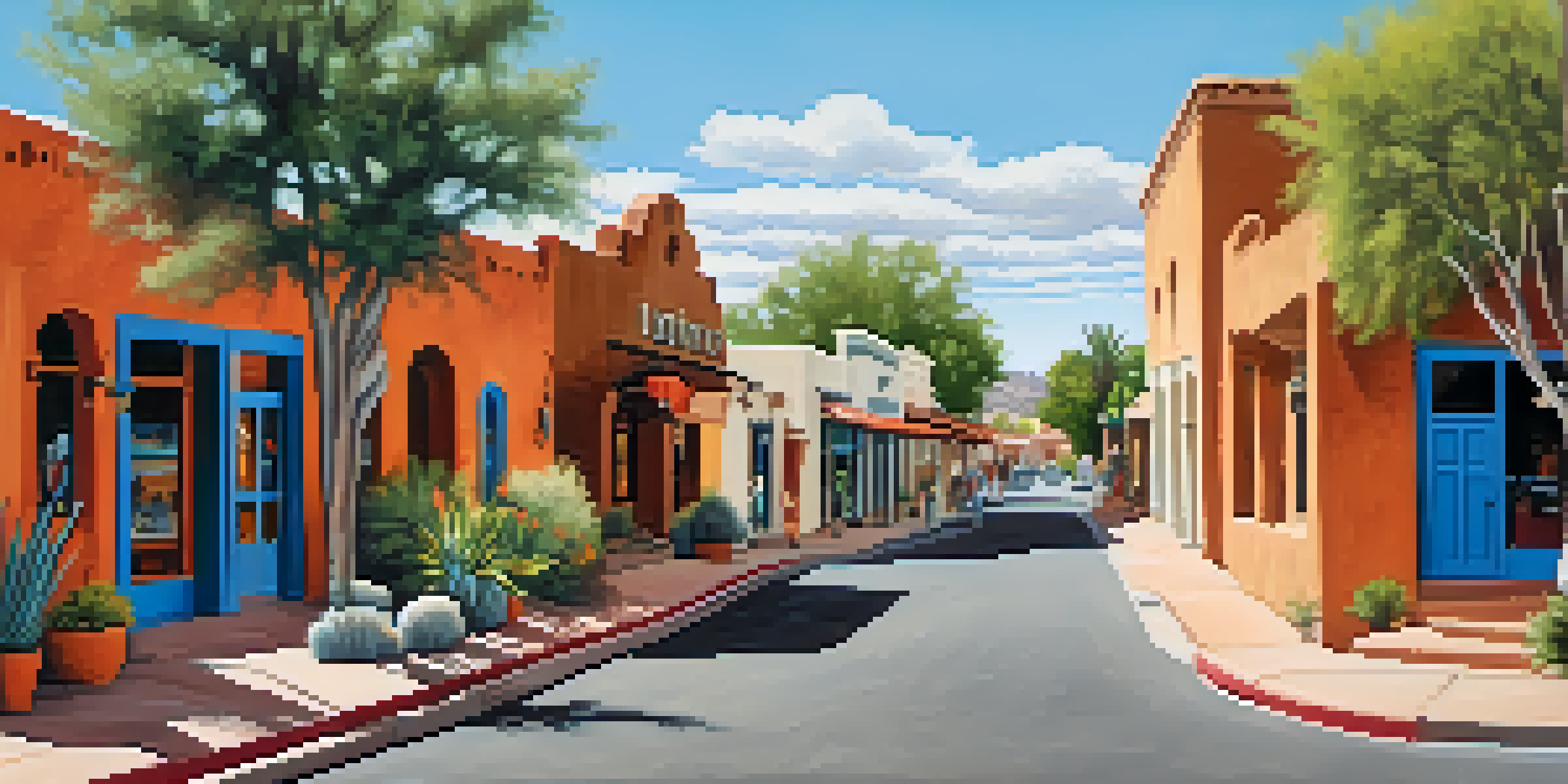 A vibrant street scene in Old Town Scottsdale with historic adobe buildings and local shops.