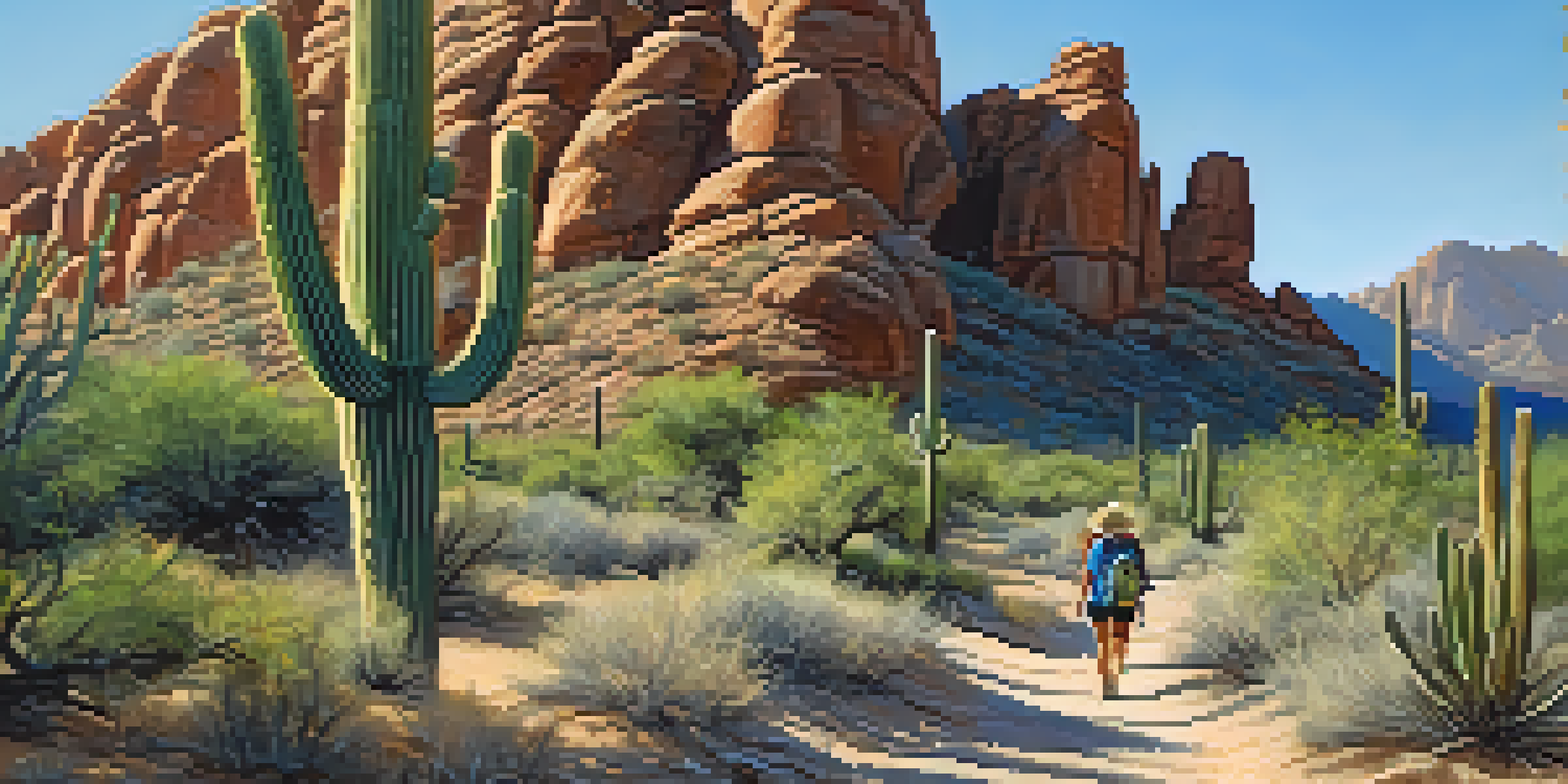A beginner hiker walking on the Gateway Loop trail surrounded by saguaro cacti in the Sonoran Desert on a sunny day.