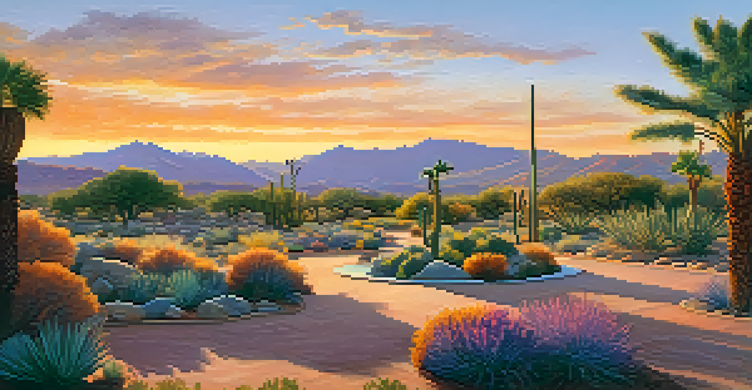 A picturesque sunset view of Indian School Park with Native American art installations, surrounded by desert plants.