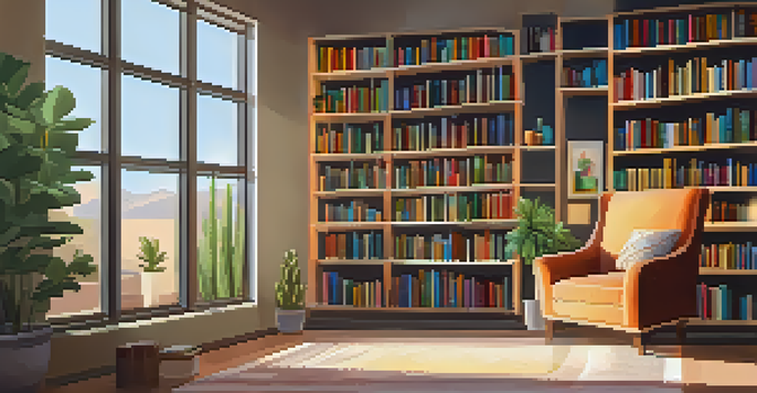 A cozy reading nook in a library, with bookshelves, an armchair, and sunlight streaming through a window.
